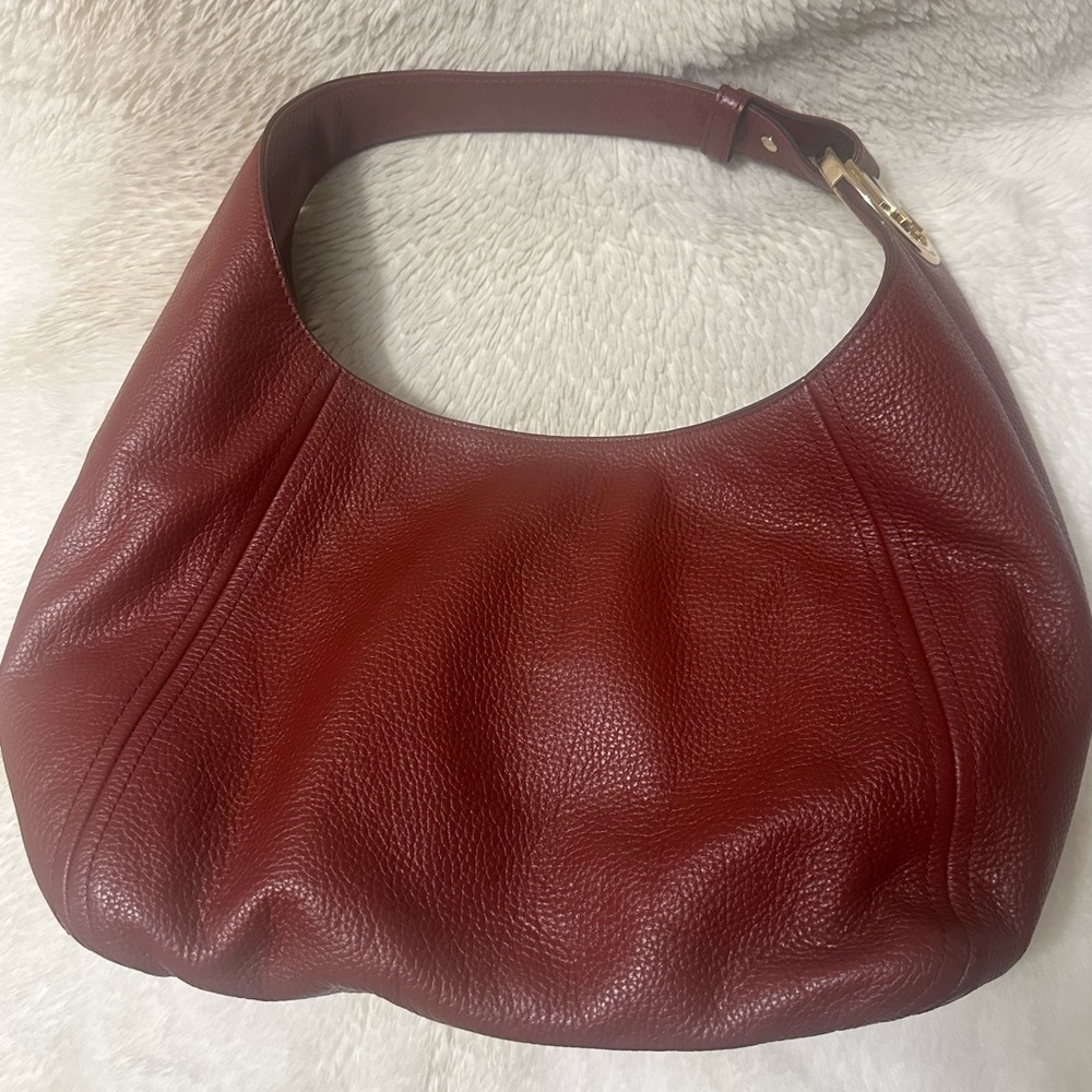 Michael Kors Fulton Large Shoulder Hobo Bag Pebbled Leather Rich Wine Red - Picture 2 of 5